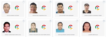 Captura de pantalla mostrando ocho tarjetas de identificación con fotos de personas, sus nombres y un logo multicolor con forma de 'P'