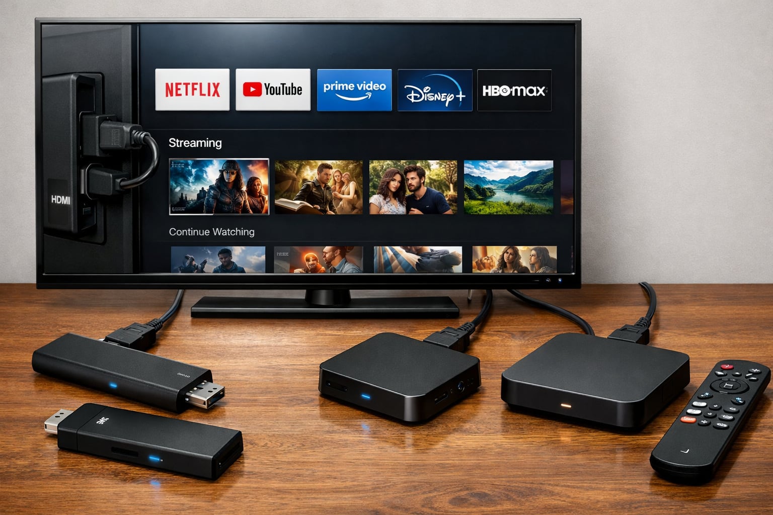 Un televisor muestra aplicaciones de streaming mientras sticks y cajas de transmisión están conectados vía HDMI. (Imagen Ilustrativa Infobae)