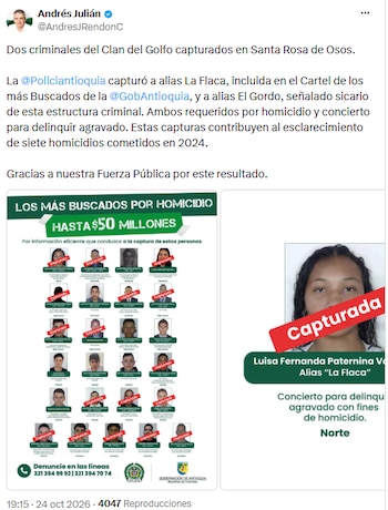 Policía capturó a mujer buscada por homicidio y a presunto sicario del Clan del Golfo - crédito @AndresJRendonC/X