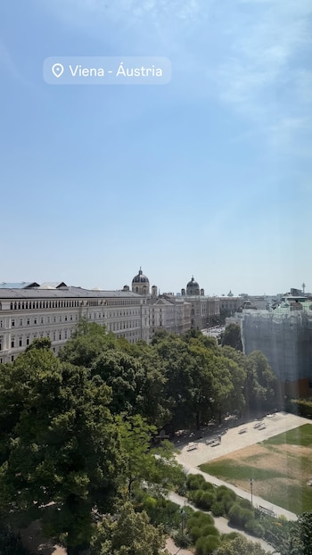 Vista aérea de una ciudad con edificios antiguos, cúpulas, árboles, un parque, bancos, caminos, una calle con vehículos y cielo azul