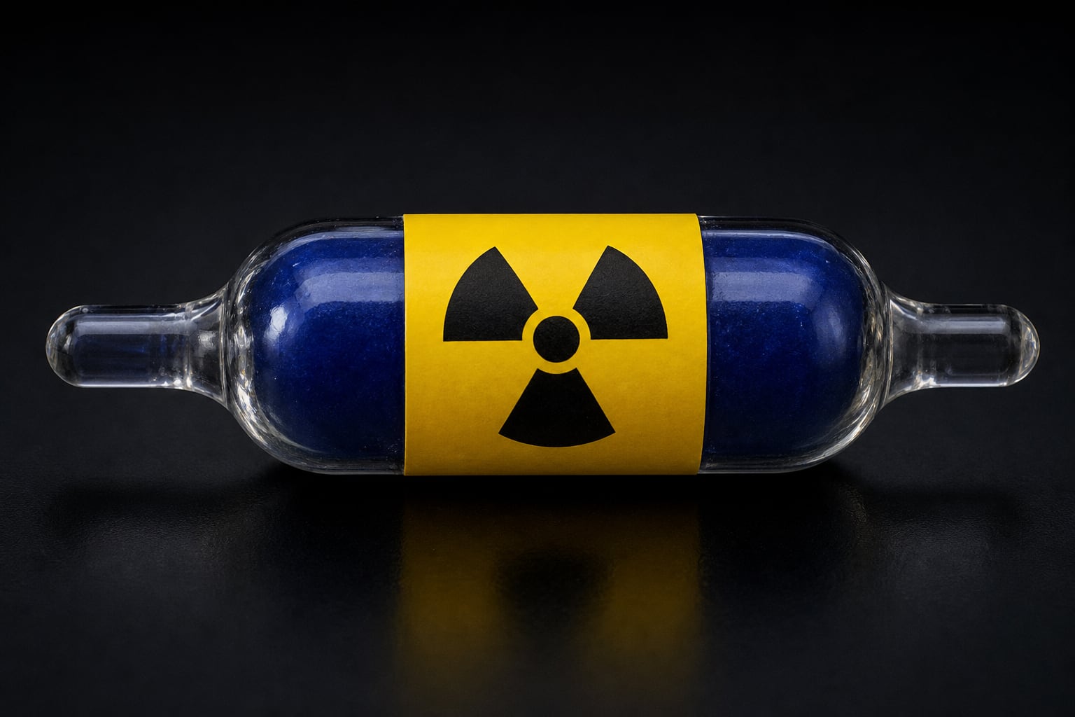 Una ampolla de vidrio sellada contiene un compuesto de cobalto-60 de color azul y exhibe una etiqueta con el símbolo de radiación. (Imagen Ilustrativa Infobae)