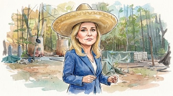 Caricatura en acuarela de la gobernadora de Chihuahua, Maru Campos, rubia, con un traje azul y un sombrero de paja, sobre un fondo de bosque.