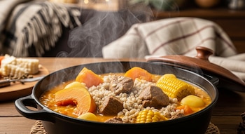 Primer plano de una cazuela negra con carbonada humeante sobre mesa de madera. Contiene carne, zapallo, papas, choclo y cebada en un caldo espeso.