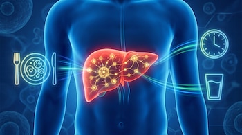 Ilustración de un torso humano azul translúcido con un hígado rojo brillante en el centro, rodeado de iconos de comida, bebida y un reloj.