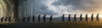Siluetas de figuras humanas en etapas evolutivas, desde homínidos hasta Homo sapiens, avanzando por un bosque denso y una vasta llanura soleada.
