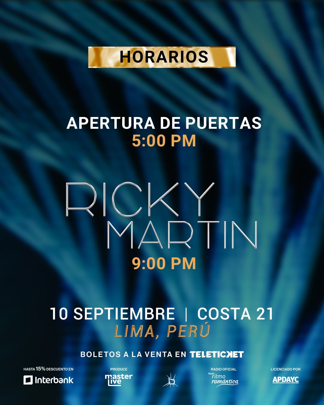 Conciertos de Ricky Martin en Costa 21. Los horarios son los sgtes. Tk