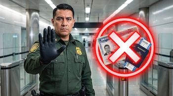 Oficial de inmigración mexicano con uniforme verde y guante negro levantando la mano. Un círculo rojo con una X blanca cubre una visa y pasaportes en un aeropuerto moderno.