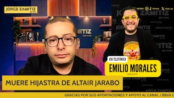 Transmisión en directo del presentador Jorge Zamitiz junto a una imagen flotante del periodista Emilio Morales y rótulos en tono amarillo