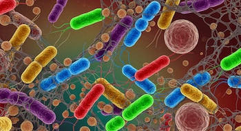 Ilustración digital de bacterias y microorganismos de colores rojo, verde, azul, amarillo y púrpura, con flagelos, entre partículas esféricas.