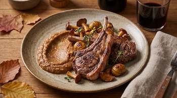 Chuletas de jabalí con puré de castañas y setas en un plato cerámico junto a una copa de vino, un tenedor y hojas secas sobre madera.