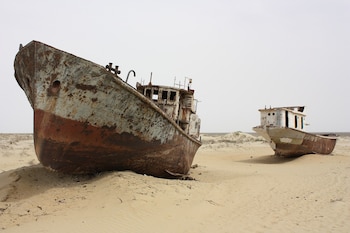 Barcos abandonados en el desecado mar de Aral. (Arian Zwegers/Wikimedia Commons)