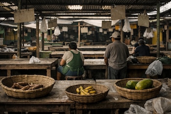 Fotografía de un mercado amazónico con puestos de madera y techo de calamina. Se ven canastas con pocas yucas, plátanos y papayas. Personas de espaldas y mesas vacías.
