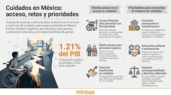 Infografía con texto, cifras sobre el gasto en cuidados, ilustraciones de una persona en silla de ruedas, adultos mayores e iconos.