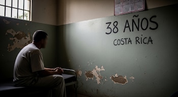 Un hombre con el rostro difuminado se sienta en una cama individual dentro de una celda con paredes verdes desconchadas, donde se lee "38 AÑOS COSTA RICA".