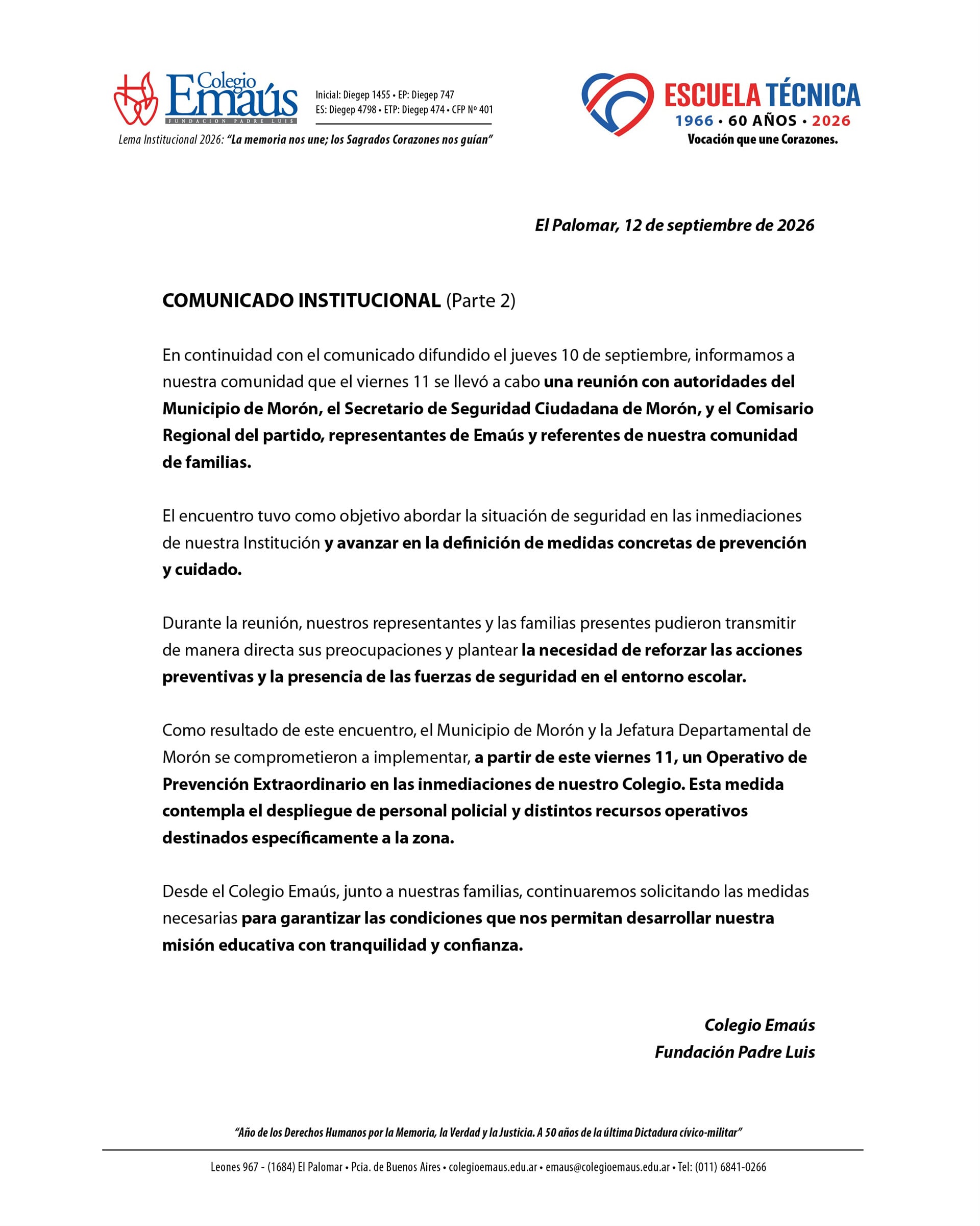 El comunicado de hoy del Colegio Emaús