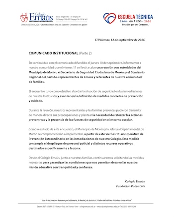 Documento impreso con el logo del Colegio Emaús y de la Escuela Técnica que contiene un comunicado institucional titulado Parte 2