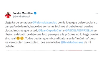 Sondra Macollins le salio al paso a Paloma Valencia sobre debates presidenciales sin más candidatos - crédito @SondraMacol/X