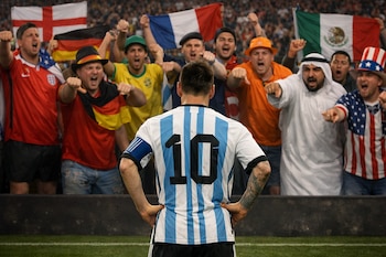Jugador con camiseta argentina número 10 de espaldas. Al fondo, aficionados de distintas nacionalidades, con banderas, levantan puños y señalan.