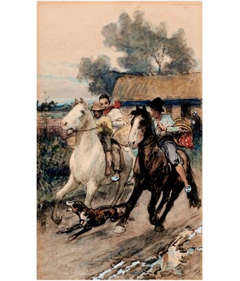 "Tres muchachos a caballo", pluma