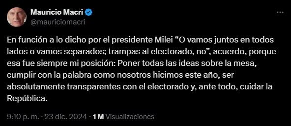 Tuit de Macri en diciembre del año pasado