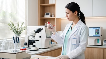 Una mujer con bata blanca y guantes sostiene un tubo con muestra de sangre frente a un microscopio en un laboratorio.