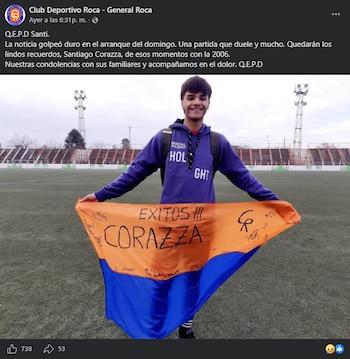 Santiago Corazza estava ligado ao Roca Sports Club, instituição que o despediu numa mensagem nas redes sociais e apresentou condolências à família.