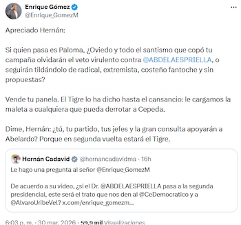 Enrique Gómez desafió al Centro Democrático y planteó condiciones para respaldos en caso de balotaje - crédito @Enrique_GomezM/X