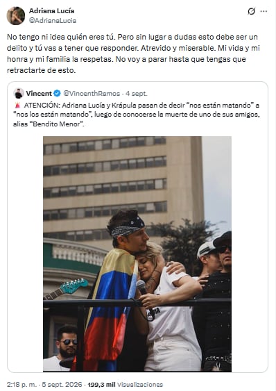 Vincent Ramos sugirió una cercanía entre Adriana Lucía, Mario Muñoz de Doctor Krápula, y alias Bendito Menor tras la baja del cabecilla de las ACSN en Riohacha - crédito @AdrianaLucia/X