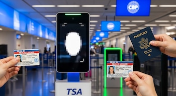 Manos sostienen un pasaporte y una licencia REAL ID frente a un tótem biométrico de reconocimiento facial con pantalla pixelada en un aeropuerto moderno.