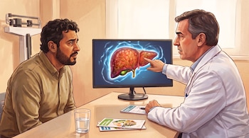 Un médico con bata blanca y un paciente latino sentado frente a un monitor con imagen de hígado, escritorio, vaso de agua y báscula médica.