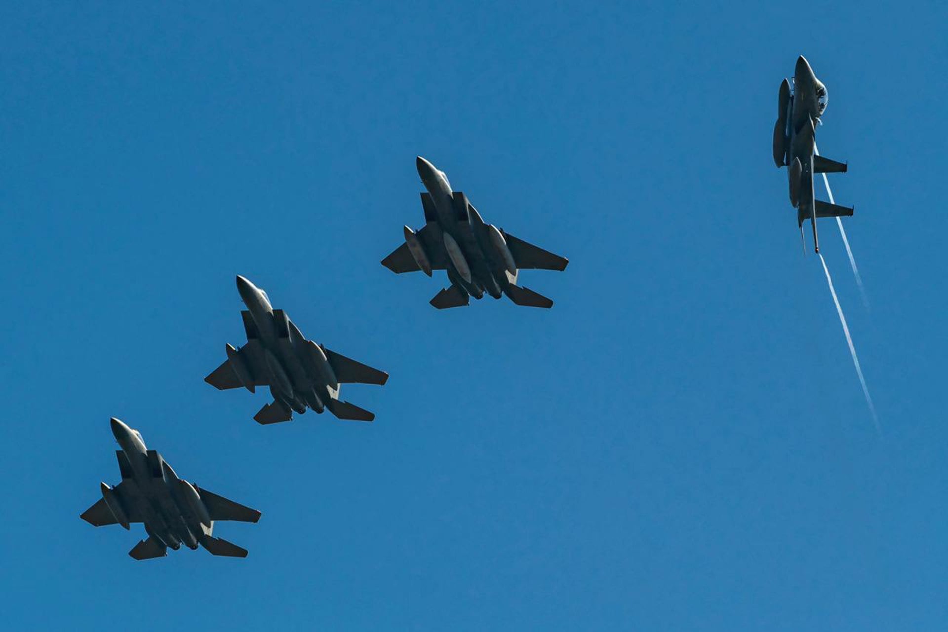 13/03/2021 13 March 2021, Greece, Crete: F-15 jet fighters of the Royal Saudi Air Force fly above the Soudas military base as part of a military exercise that will be carried out throughout March 2021. Photo: -/Saudi Press Agency/dpaPOLITICA INTERNACIONAL-/Saudi Press Agency/dpa