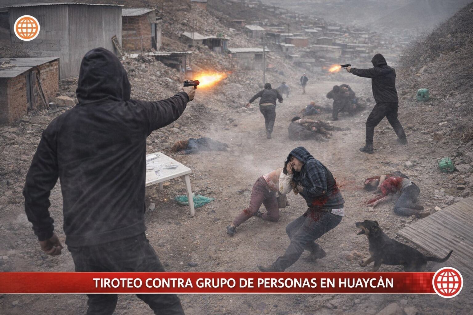 Un violento tiroteo en Huaycán deja a varias personas heridas y fallecidas en el suelo, mientras individuos armados disparan en un asentamiento precario. (Imagen Ilustrativa Infobae)