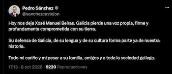 08/10/2026 Tuit de Pedro Sánchez en recuerdo de Xosé Manuel Beiras
ESPAÑA EUROPA GALICIA POLÍTICA
X
