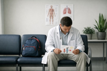 Hombre con bata blanca y estetoscopio mira un dibujo infantil. Está sentado en un banco azul junto a una mochila. Detrás se ven carteles de anatomía y plantas.
