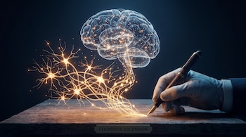 Una mano con guante blanco escribe con una pluma sobre un escritorio de madera. La tinta forma filamentos neuronales dorados que se elevan para delinear un cerebro translúcido brillante.