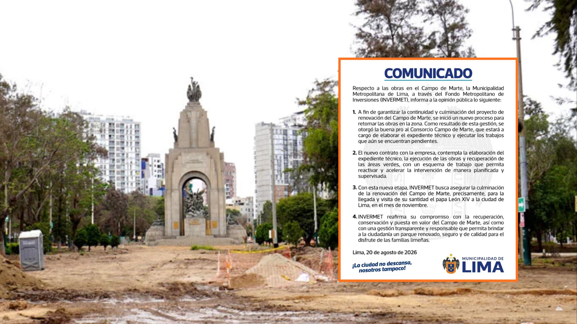 MML otorga buena pro a nuevo consorcio para retomar obras del Campo de Marte antes de la llegada del papa León XIV a Lima