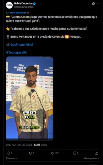 El volante del Manchestert United aseguró que podrían haber más colombianos apoyando a la selección de Portugal por Cristiano Ronaldo-crédito @HablaDeportes-@quintopartidoof