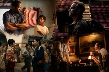 Collage compuesto por cuatro escenas de películas con actores en planos medios dentro de diferentes entornos narrativos.