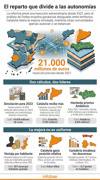 Infografía con mapas de España, gráficos estadísticos e indicadores numéricos sobre el reparto de fondos entre comunidades autónomas.