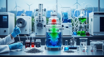 Un científico con guantes azules trabaja en un laboratorio moderno con equipos especializados, frascos con líquidos de colores, gránulos de plástico y reactor de cristal.