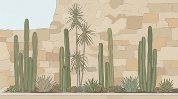 Ilustración estilo caricatura de cactus columnares, suculentas y yucas en una jardinera, frente a una pared de piedra irregular bajo un cielo azul claro.