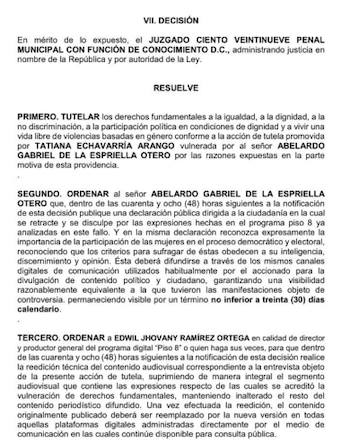 El candidato Abelardo de la Espriella deberá disculparse por sus declaraciones en la entrevista que dio en Piso 8 en un término de 48 horas - crédito Fallo de Tutela N° 2026-0170 del 1 de junio de 2026/Juzgado 129 Penal Municipal con Función de Conocimiento de Bogotá
