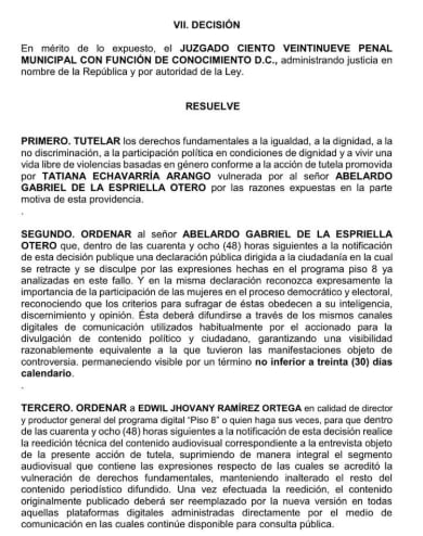 El candidato Abelardo de la Espriella deberá disculparse por sus declaraciones en la entrevista que dio en Piso 8 en un término de 48 horas - crédito Fallo de Tutela N° 2026-0170 del 1 de junio de 2026/Juzgado 129 Penal Municipal con Función de Conocimiento de Bogotá