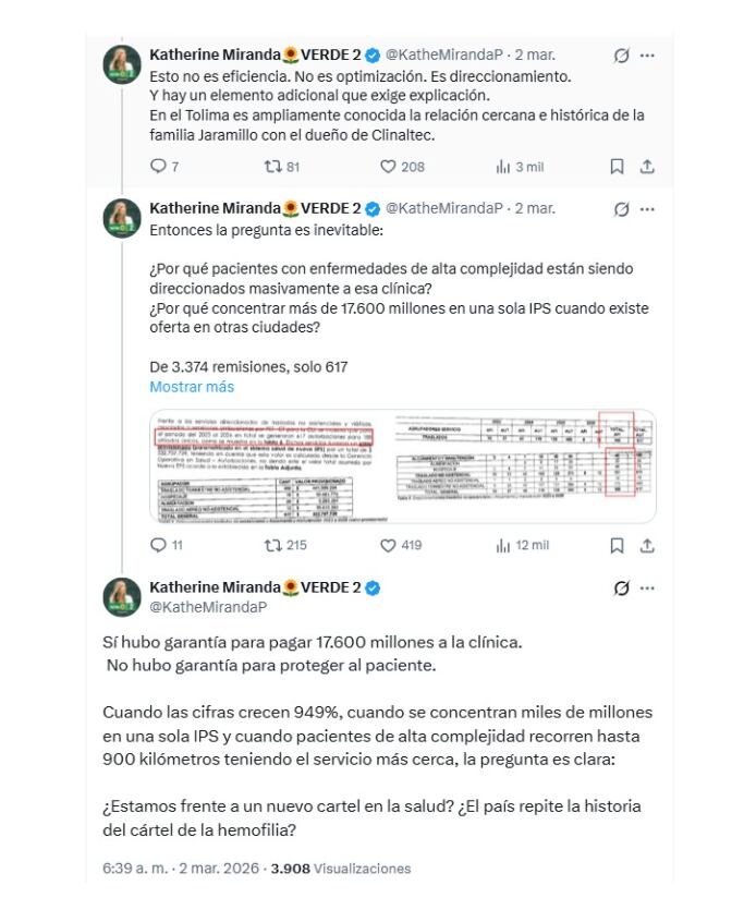 Con estas publicaciones en X, la representante Katherine Miranda hizo pública su denuncia contra Clinaltec, y el Ministerio de Salud por lo que sería un cartel de los pacientes - crédito @KatheMirandaP/X