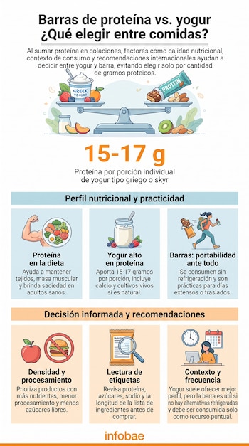 Infografía comparativa de yogur griego y barra de proteína sobre una balanza, con datos de contenido proteico y recomendaciones nutricionales.