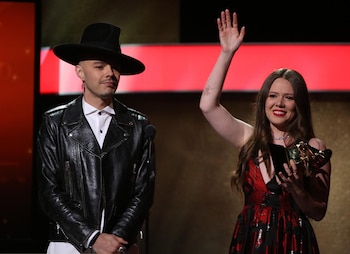 Jesse & Joy accept the Grammy for Latin Pop Album for "Un Besito Mas" at the 59th Annual Grammy Awards in Los Angeles, California, U.S. , February 12, 2017. REUTERS/Lucy Nicholson