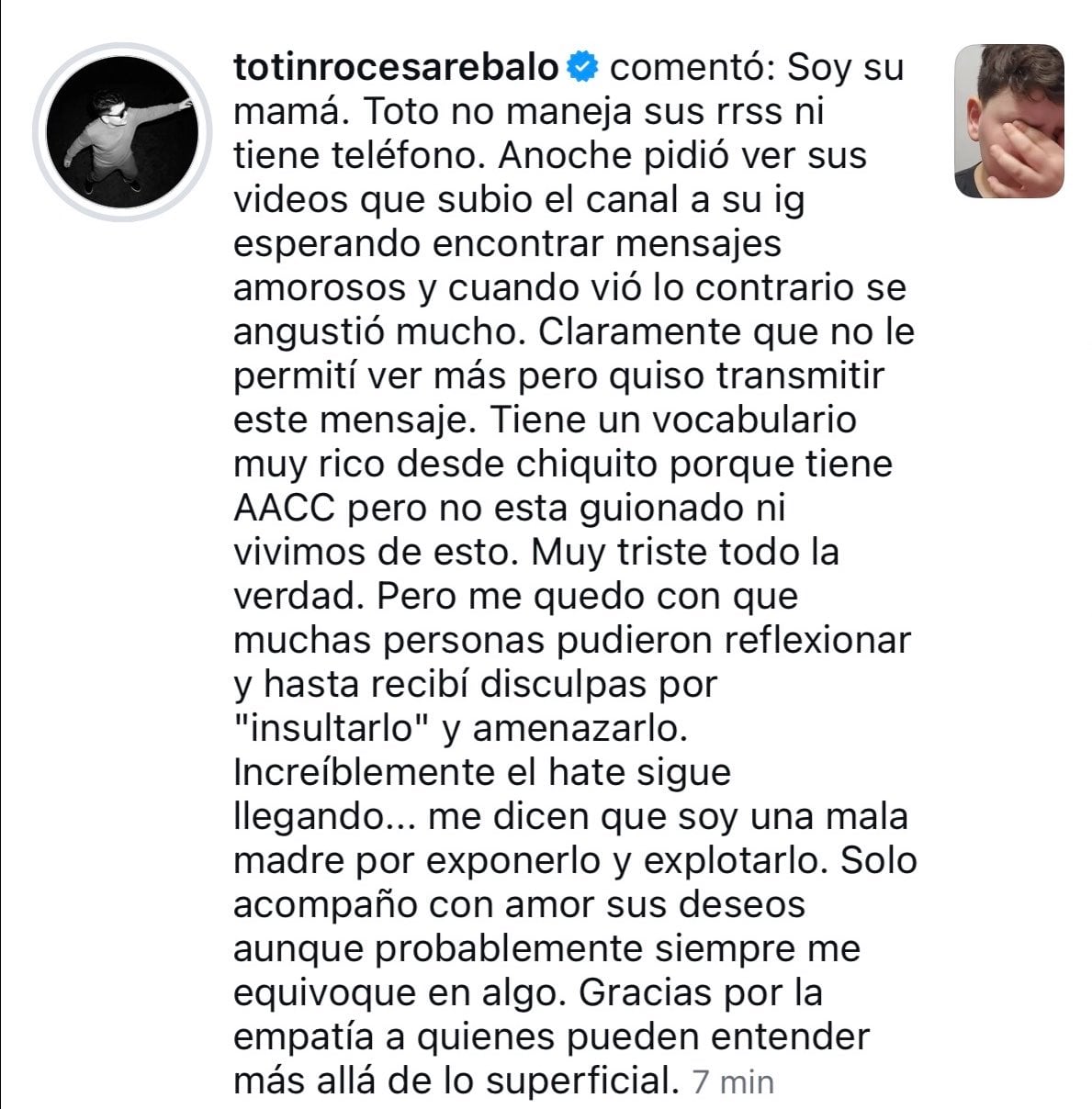La respuesta de la madre de Toto a los comentarios negativos sobre su hijo (Instagram)