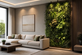 Sofá beige con cojines, mesa de centro, cuadro y una franja de jardín vertical iluminada en la pared.