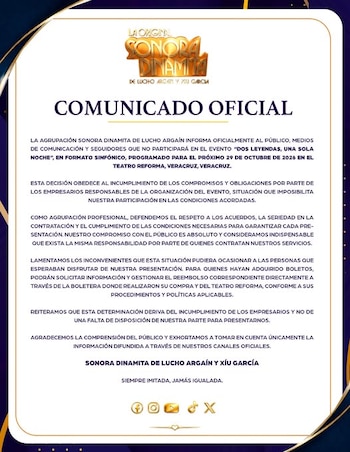 Documento con membrete de La Sonora Dinamita titulado Comunicado oficial sobre fondo blanco con marco dorado y texto en letras negras