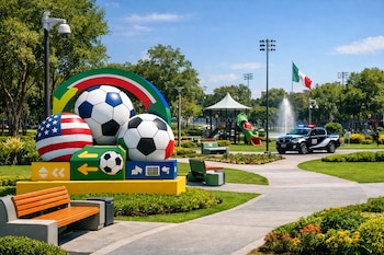 Monumento con balones de fútbol decorados (incluyendo uno con la bandera de EE. UU.) en un parque. Hay caminos, bancos, juegos infantiles, una patrulla y la bandera de México.